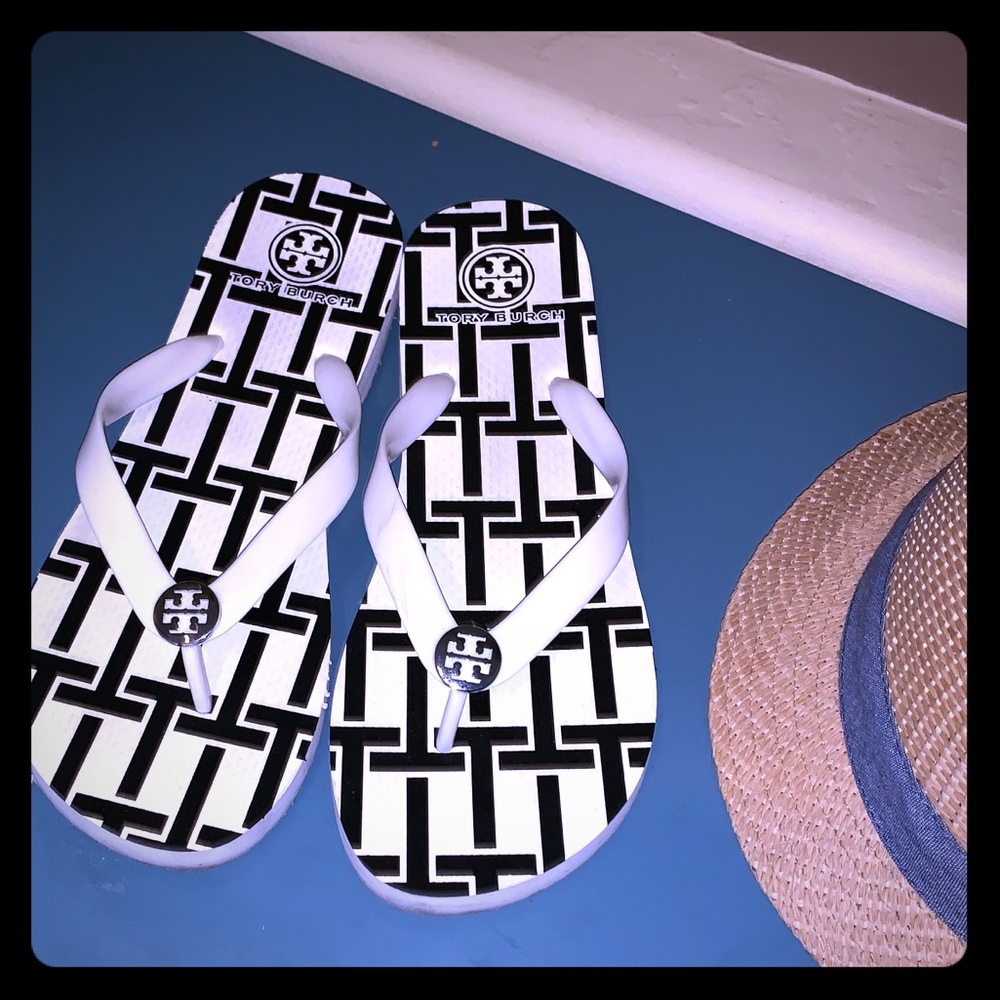 White Tory Burch flip flops
